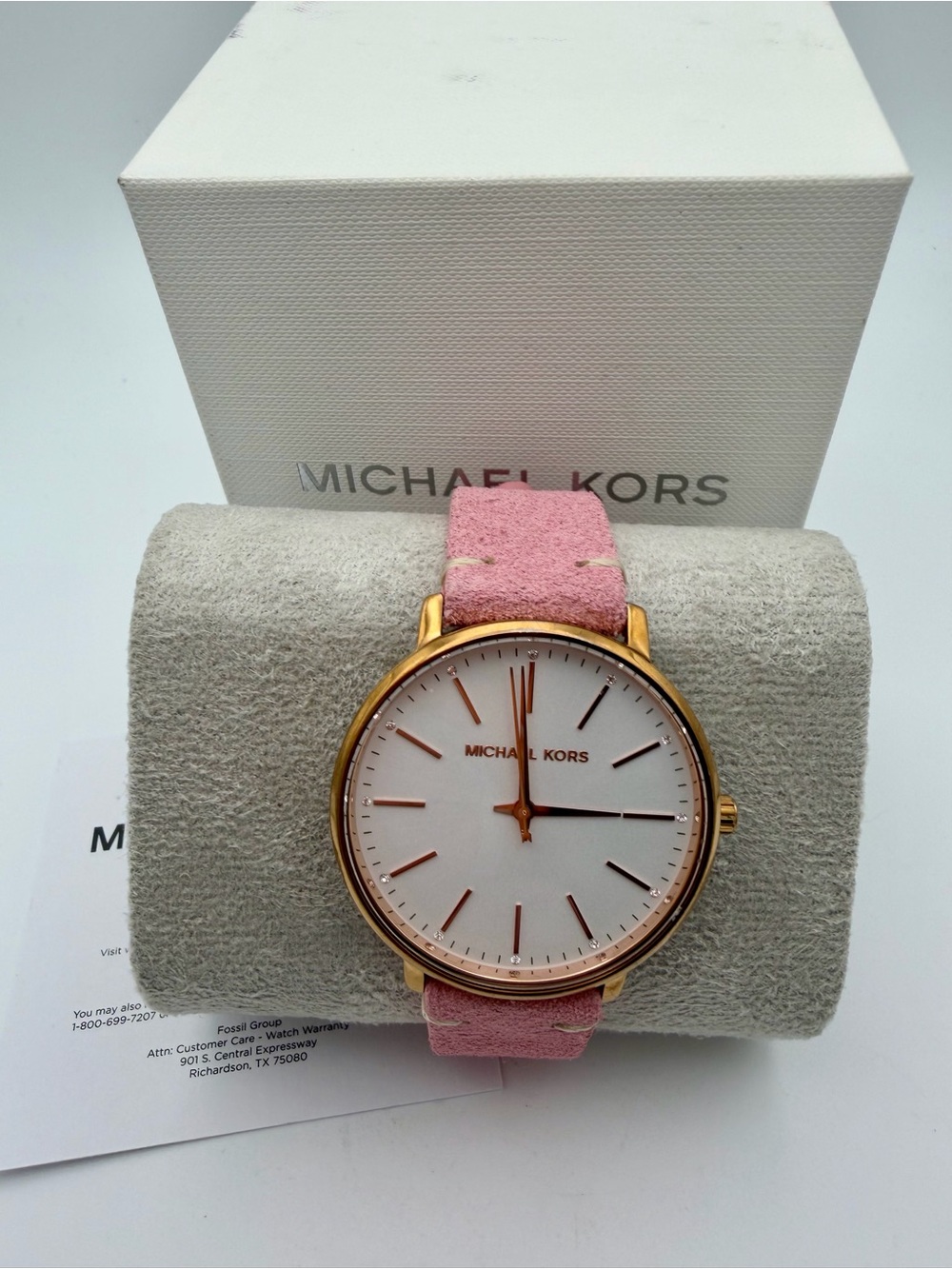Michael Kors 2741 Pyper Gold-Tone Case Watch with Pink Suede Strap